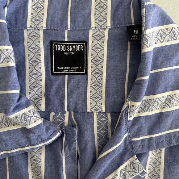 Todd Snyder Mens Blue White Striped Short Sleeve Camp Shirt Cotton Size M